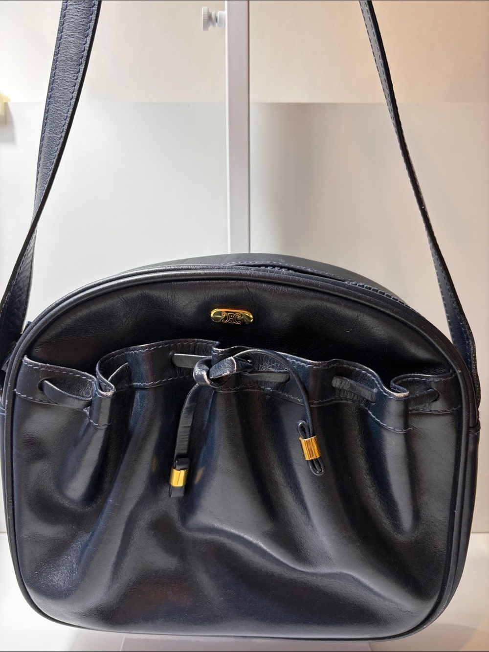 Vintage Celine Blue Leather Drawstring Shoulder Bag with Gold Accents